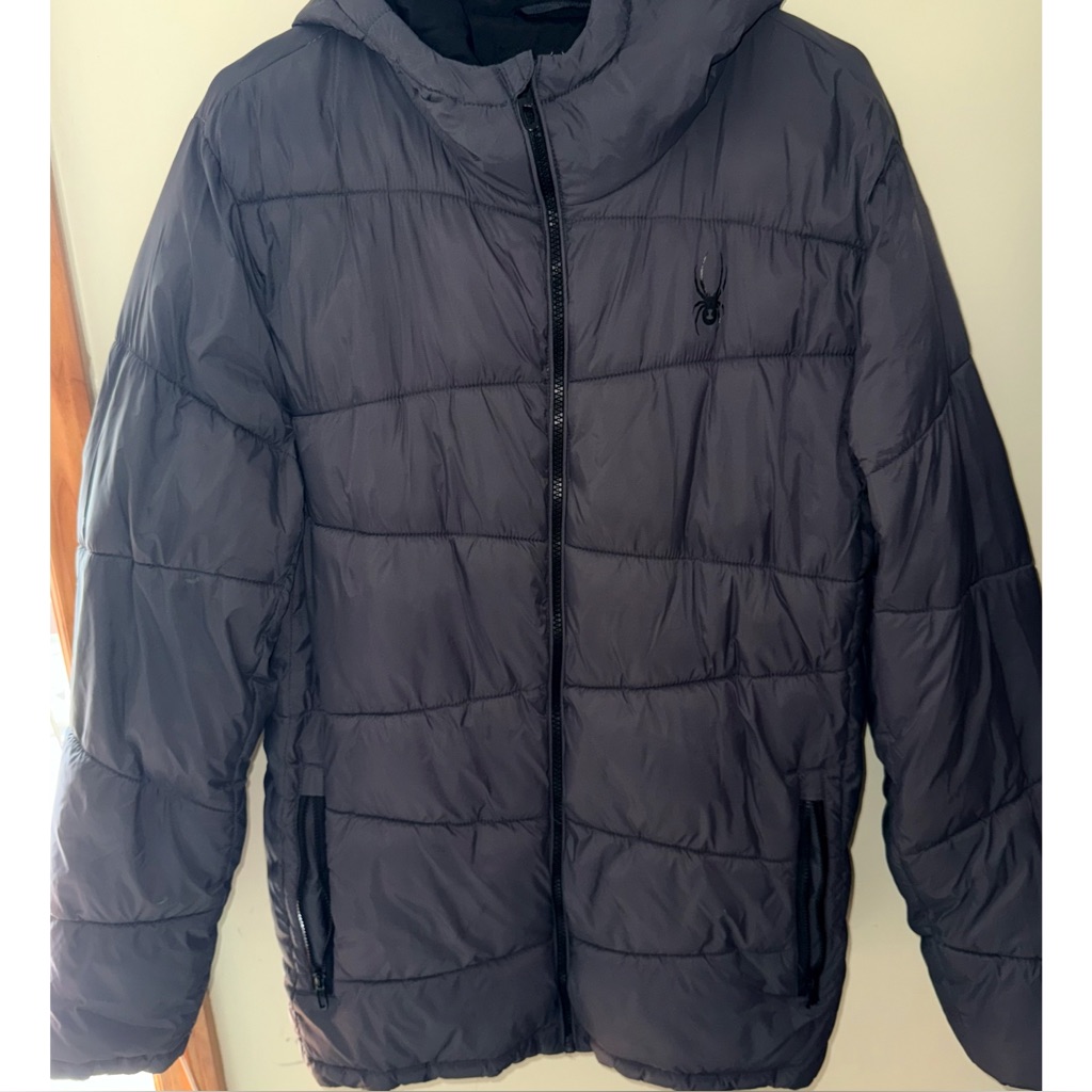 Spyder Medium Men’s Hooded Grey Snowboarding Puffer Black & Gray Zipped Jacket